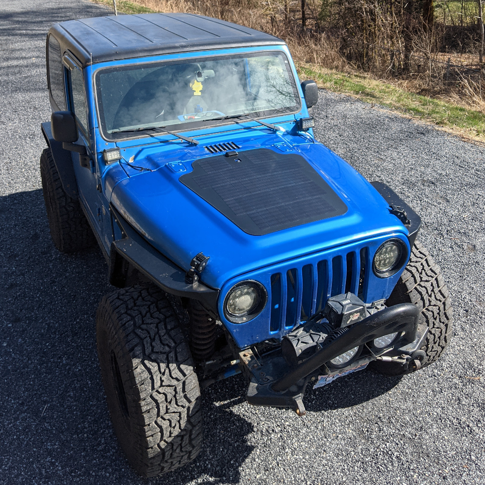 The Cascadia 4x4 VSS System 1.0 hood solar module system for the jeep wrangler TJ and LJ. The best overlanding accessory