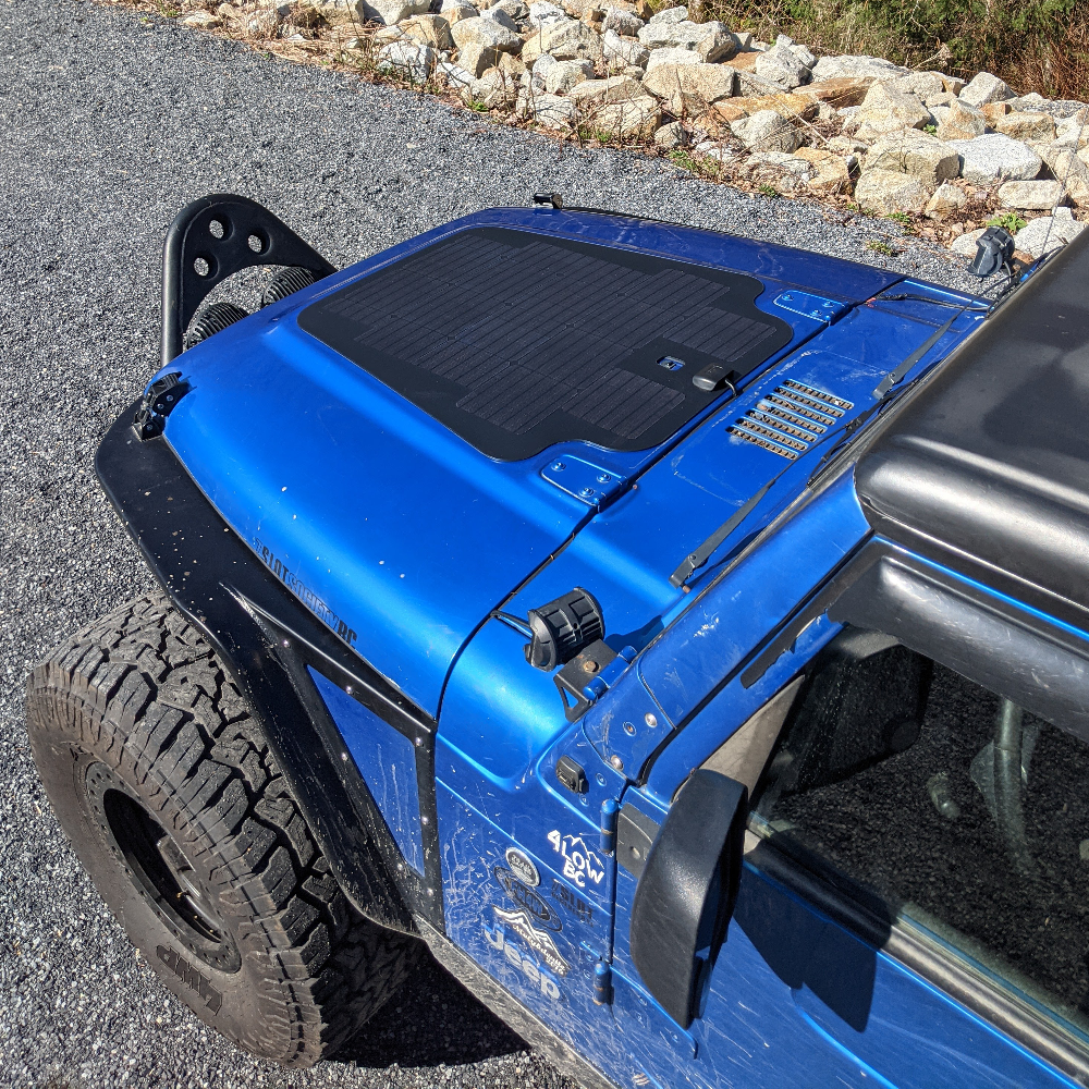 The Cascadia 4x4 VSS System 1.0 hood solar module system for the jeep wrangler TJ and LJ. Overland in style. 