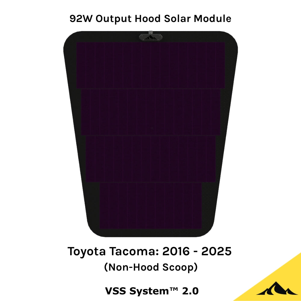 This is the VSS System 2.0 from Cascadia 4x4. This is a flexible 92 watt hood solar module/panel for the Toyota Tacoma 3rd and 4th gen.