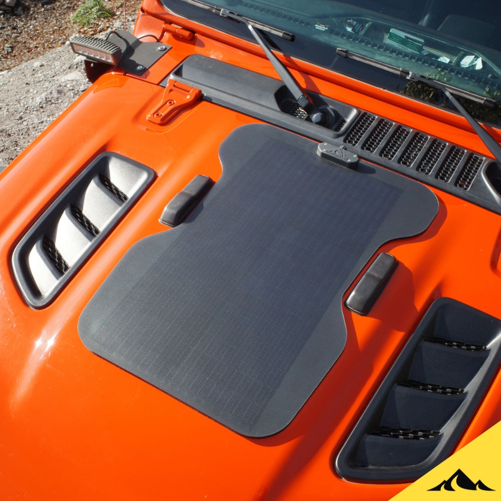 close up shot of the cascadia 4x4 vss system 2.0 hood solar module. 