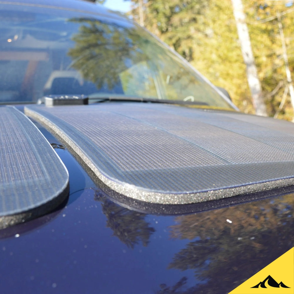 Hood solar panel by cascadia 4x4 for the mercedes-benz sprinter van, close-up showing solarclasp technology