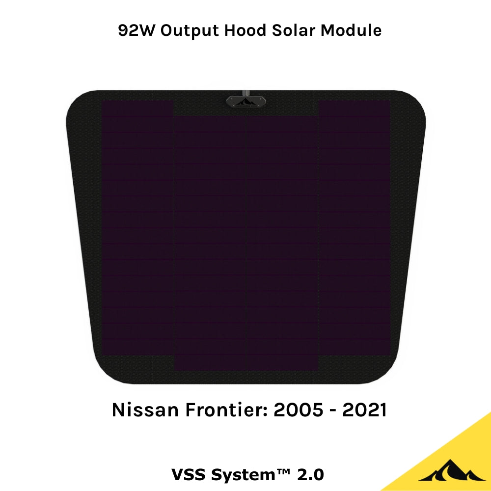 
This is the VSS System 2.0 from Cascadia 4x4. This is a flexible 92 watt hood solar module/panel for the Nissan Frontier pickup truck