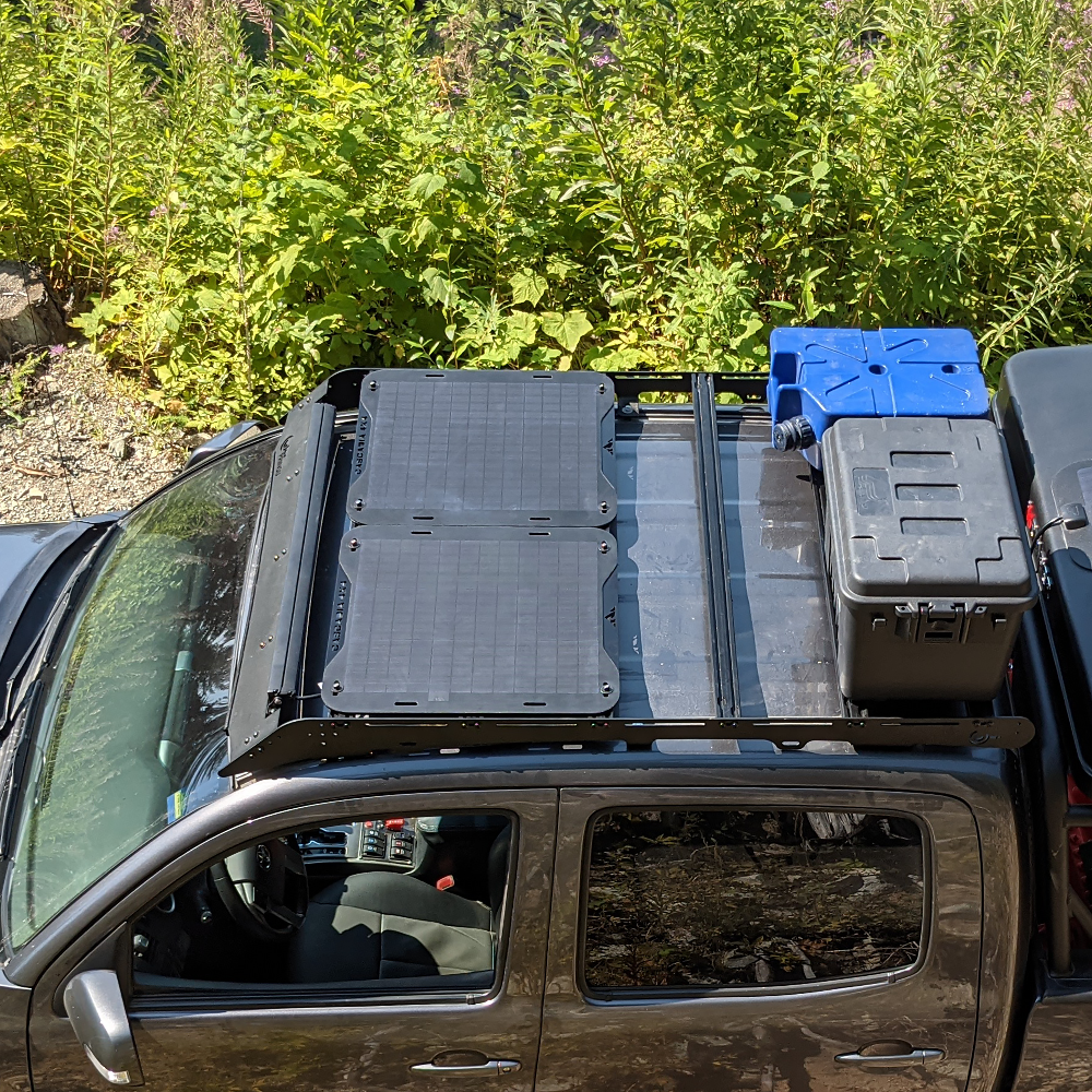 The Cascadia 4x4 vss system 1.0 solar panel for the prinsu roof rack on a toyota tacoma