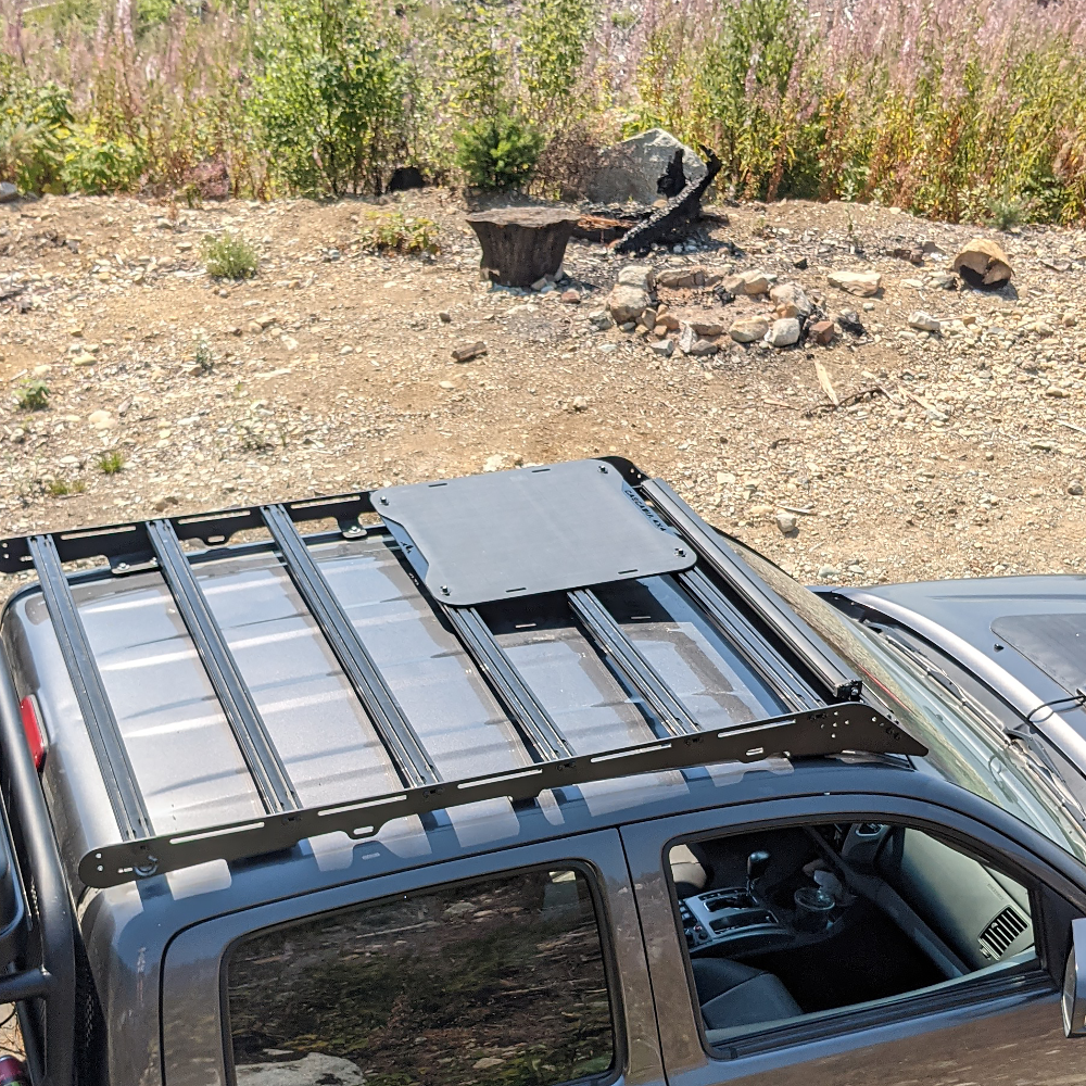 The Cascadia 4x4 vss system 1.0 solar panel for the prinsu roof rack on a toyota tacoma overlanding