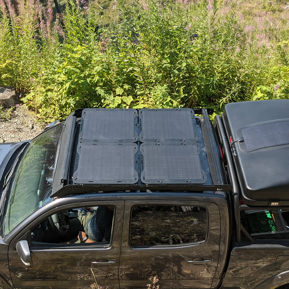 The Cascadia 4x4 vss system 1.0 solar panel for the prinsu roof rack. 180 Watts