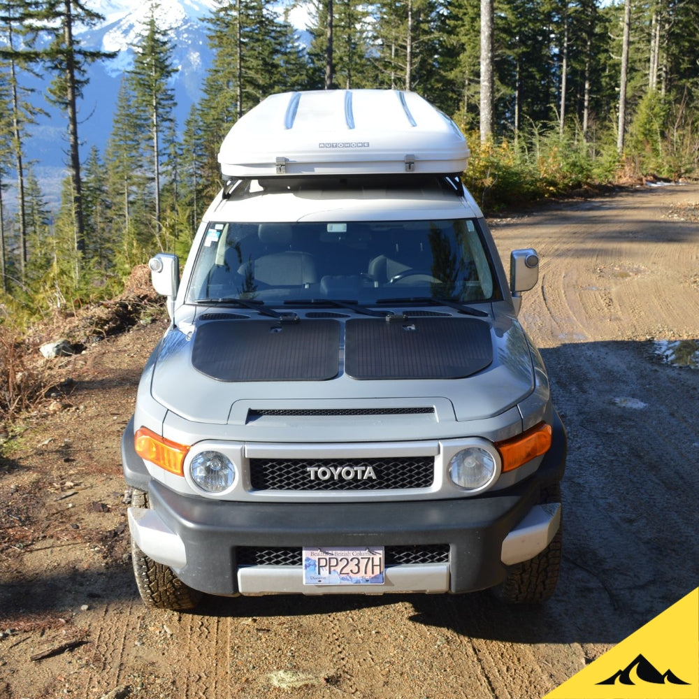 Toyota FJ Cruiser with Cascadia 4x4 hood solar panel for overlanding and camping. 