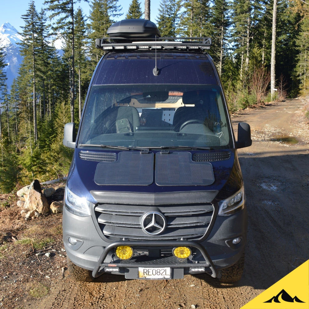 Hood solar panel by cascadia 4x4 for the mercedes-benz sprinter van. Perfect to keep your battery charged.